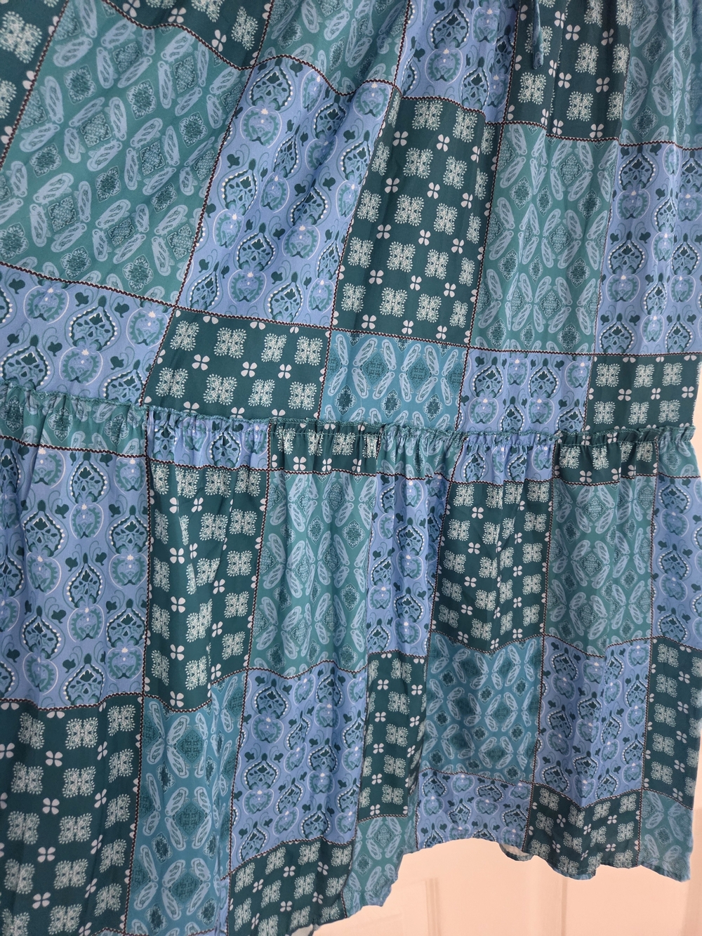 Boho Blue/Green Patchwork Tiered Maxi Skirt XL Fits Like L - Picture 2 of 10